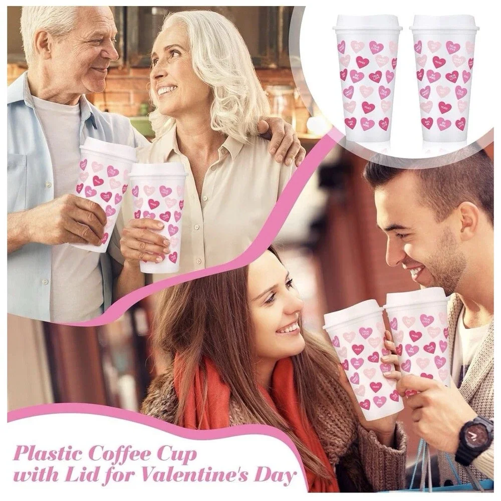 Bokon 12 Pcs Valentine's Day Cups with Lids Conversation Heart Cups 16oz